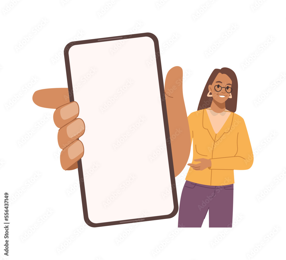 Poster woman with smartphone in hand show empty display. girl with cellphone or mobile phone in hand of cau