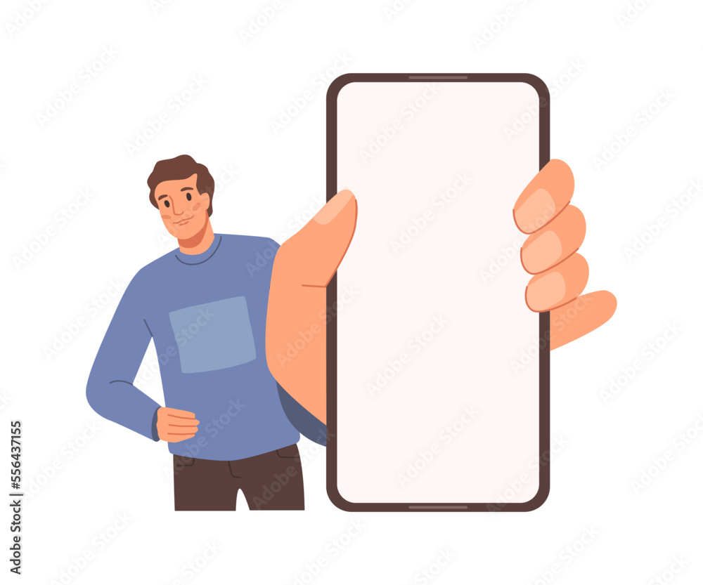 Poster man with smartphone in hand show empty display. vector male person hold screen showing something, ve