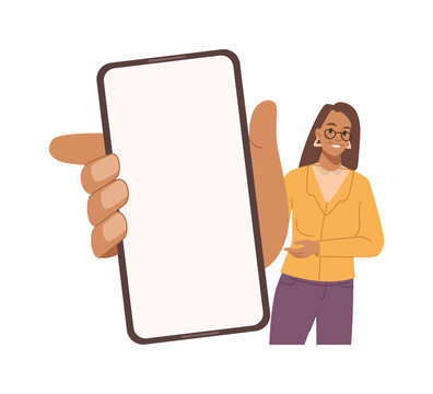 Woman with smartphone in hand show empty display. Girl with cellphone or mobile phone in hand of caucasian character, female person hold screen showing something, vector illustration