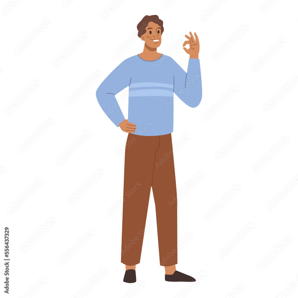 Poster man standing and pointing by hand ok sign, approved hand gesture. promotion and advertisement concep