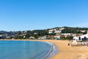 Deserted beach on a sunny winter day, Beach on the Catalan Costa Brava, Spain