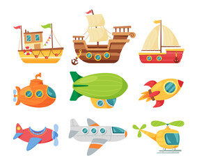 Cartoon Transportation Modes In Cute Childish Style. Ship, Yacht Or Sailboat, Submarine And Dirigible. Rocket, Airplane