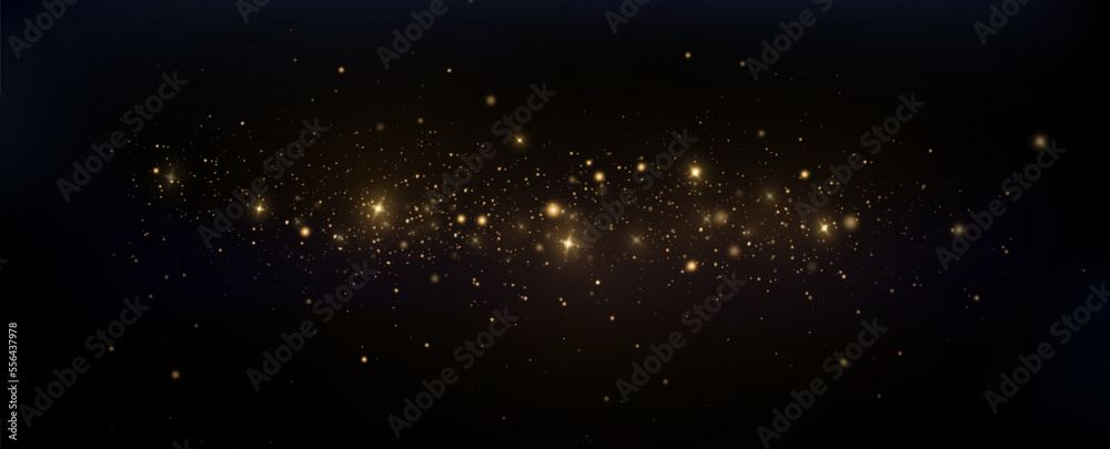 Poster Golden sequins glow with many lights. Glittering dust. Luxurious background of golden particles.