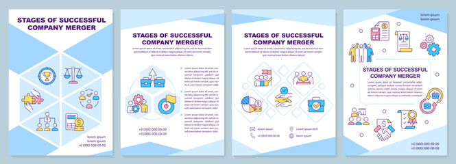 Fototapeta na wymiar Stages of successful company merger blue brochure template. Leaflet design with linear icons. Editable 4 vector layouts for presentation, annual reports. Arial-Black, Myriad Pro-Regular fonts used