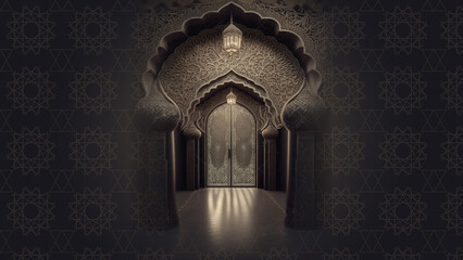 Dreamy Mosque entrance hall for Arabic/Islamic Ornamental decorative elegant background, decorated with Islamic geometrical vintage patterns