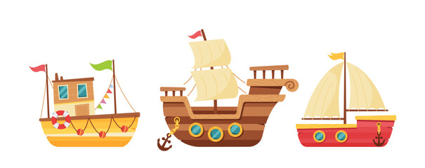 Cartoon Ships In Cute Childish Style. Brigantine, Longboat And Sailboat Or Yacht. Funny Water Transportation Modes