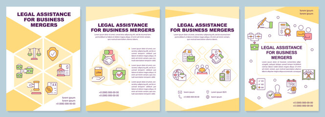 Legal assistance for business mergers orange brochure template. Leaflet design with linear icons. Editable 4 vector layouts for presentation, annual reports. Arial-Black, Myriad Pro-Regular fonts used