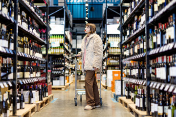 Woman chooses wine in supermarket