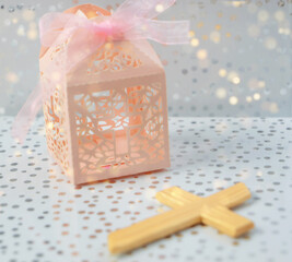 Paper box for sweets, dragees and a cross. Cross Cut Paper Packaging Souvenir Box for Girl's...
