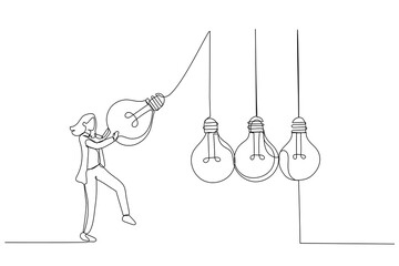 Cartoon of businesswoman manager pull bright lightbulb as pendulum to transfer knowledge. Continuous line art style