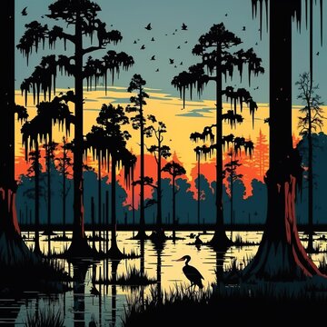 A vector illustration of a Louisiana swamp