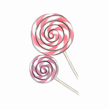 Hand drawn watercolor illustration. Striped twisted lollipops.