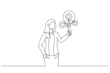 Cartoon of businesswoman presenting innovative lightbulb with cogs and gears concept of Innovation. Single continuous line art style