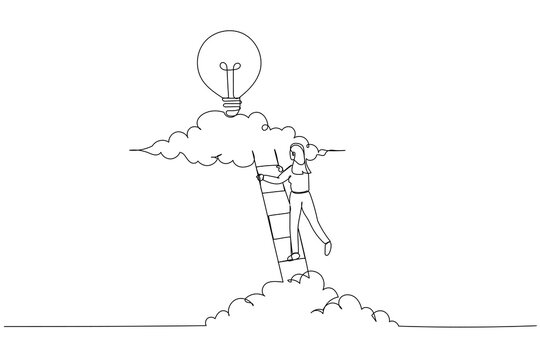 Illustration of businesswoman climbing ladder built from pencil to find lightbulb concept of searching idea. Continuous line art