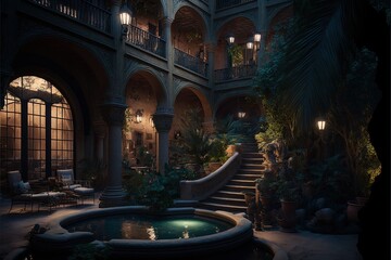 A luxury back garden that has a jacuzzi that follows the style of ancient Babylon. - obrazy, fototapety, plakaty