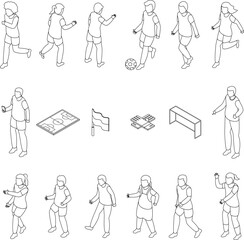 Kids playing soccer icons set. Isometric set of kids playing soccer vector icons for web design isolated on white background outline