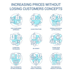 Increasing prices without losing customers blue concept icons set. Commercial strategy idea thin line color illustrations. Isolated symbols. Editable stroke. Roboto-Medium, Myriad Pro-Bold fonts used