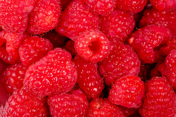 Close up of red raspberries on white background