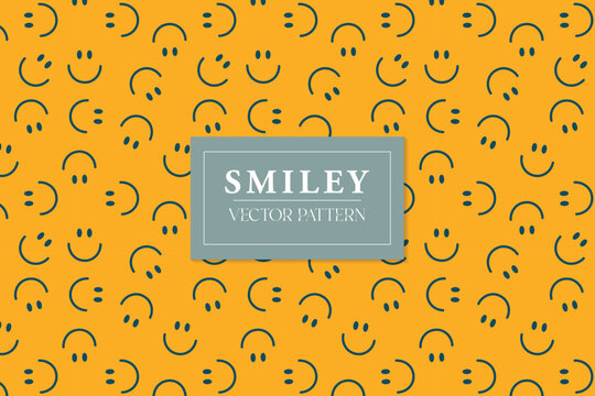 Naklejka Black outline smiley happy face fun emoji on a yellow background seamless repeat vector abstract pattern
