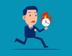Anxious business character run with burning clock in hands. Business deadline concept