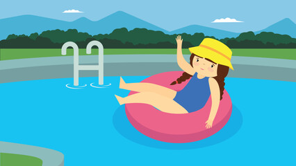 Girl in the pool sits on an inflatable ring