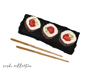 Hand drawn asian food set with sushi on stone plate. Sushi roll design for menu, flyer, banner, cover, ad.  Creative template with empty space. Vector