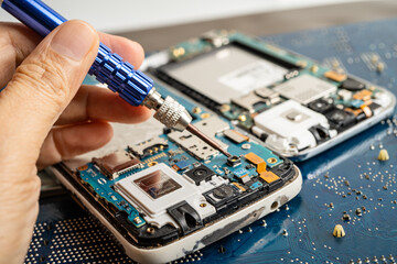 Repairing and upgrade mobile phone, electronic, computer hardware and technology concept.