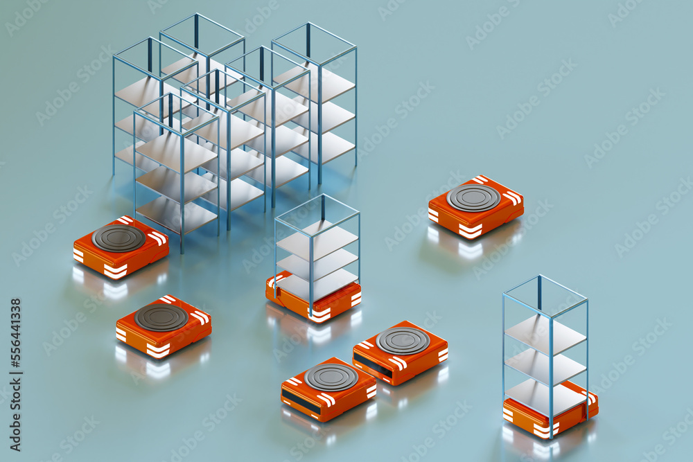 Poster warehouse robots. automated guided vehicles. agv technology. autonomous robots move racks. warehouse