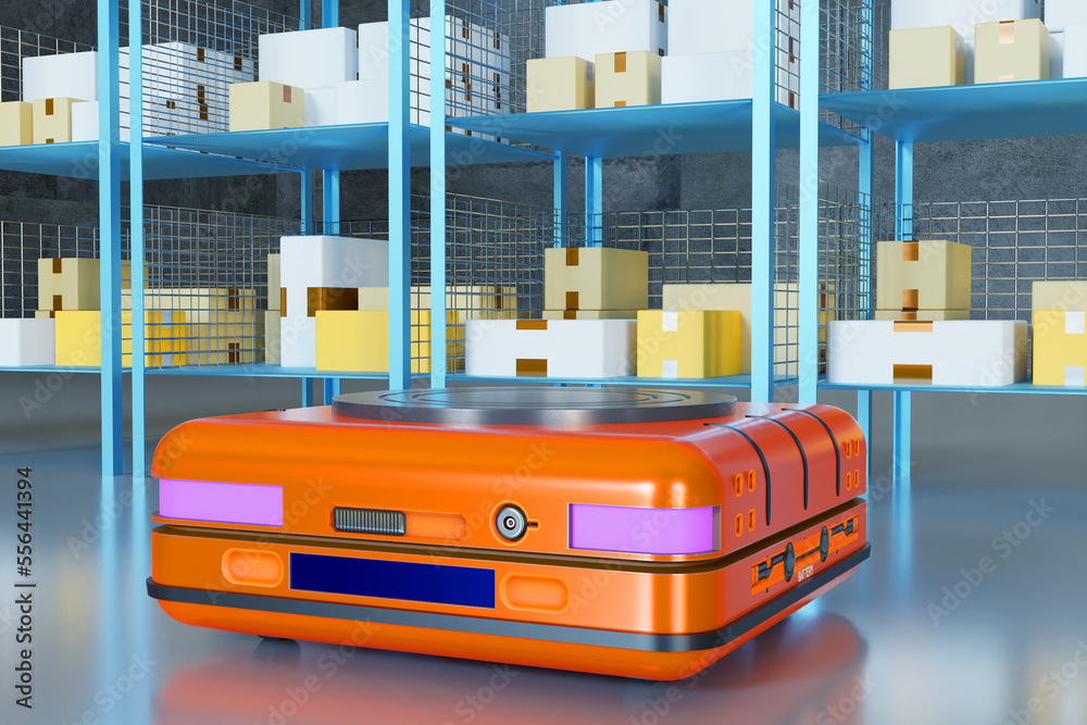 Poster warehouse automation. autonomous storage robot close up. retrieval machine pulls up to racks of boxe