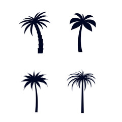 Set of African Rainforest Coconut Trees or Tropical Palm Trees on White Backdrops. Simple Black Silhouette for Eco Floral Logotype Emblem in Retro Art, or Travel Logo Design
