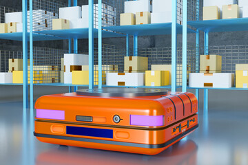 Warehouse automation. Autonomous storage robot close up. Retrieval Machine pulls up to racks of boxes. Lifting warehouse robot with round magnetic plate. Industrial AGV technologies. 3d rendering.