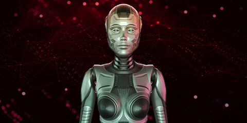 3D rendering of artificial intelligence android robot woman standing. Virtual assistant concept with amazing robot. 3d illustration