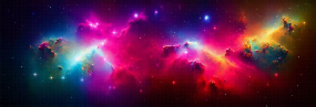 Cosmic panoramic background. Outer space. Vector colorful pixelated illustration.