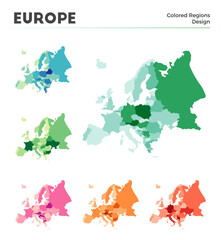 Europe map collection. Borders of Europe for your infographic. Colored continent regions. Vector illustration.