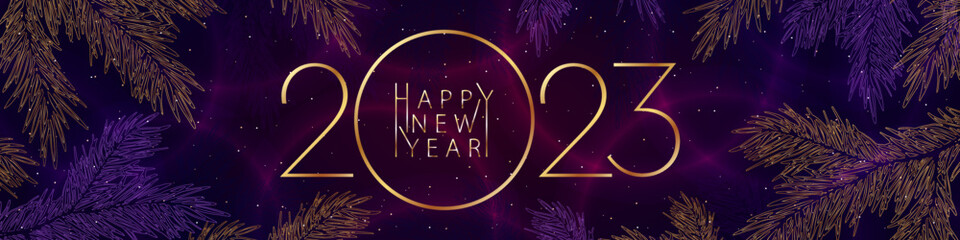 New year banner with gold numbers 2023. Happy New Year, vector illustration with a bright background, highlights and stylized fir branches