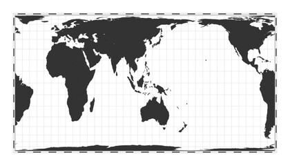 Vector world map. Cylindrical equal-area projection. Plain world geographical map with latitude and longitude lines. Centered to 120deg W longitude. Vector illustration.
