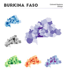 Burkina Faso map collection. Borders of Burkina Faso for your infographic. Colored country regions. Vector illustration.