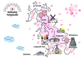 春の長崎県の観光地のシンプル線画イラストマップ（ピンク）