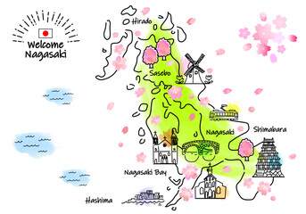 春の長崎県の観光地のシンプル線画イラストマップ
