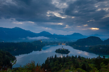 Aerial landscape photography. Colorful morning scene of Pilgrimage Church of the Assumption of...