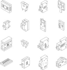 Breaker switch icons set. Isometric set of breaker switch vector icons for web design isolated on white background outline