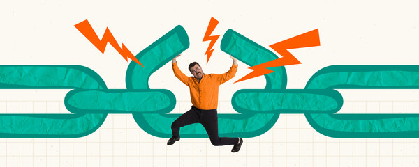 Contemporary art collage. Creative design. Businessman, motivated employee connecting chain, fixing problems in projects.