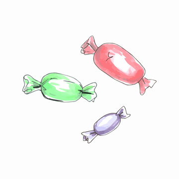 Hand drawn watercolor illustration. Colorful candy wrappers.