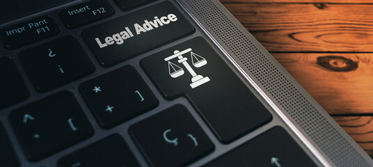 Banner of laptop keyboard with legal advice button. Balance of justice. Law and defense concept.