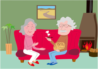 暖炉の部屋でくつろぐ男女のシニアのイラスト01