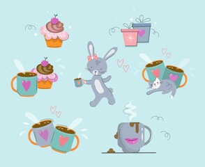 Vector set. Cute rabbit with a cup and cupcakes in cartoon style. Children's illustration for the design of advertising, postcards. Cozy background with drinks and sweets for tea party invitation.