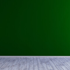 Dark green wall with wooden floor 3d rendering illustration backdrop for mockup scene.