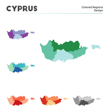 Cyprus map collection. Borders of Cyprus for your infographic. Colored country regions. Vector illustration.