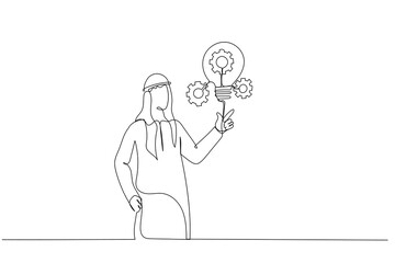 Drawing of arab muslim businessman presenting innovative lightbulb with cogs and gears concept of Innovation. One line art style
