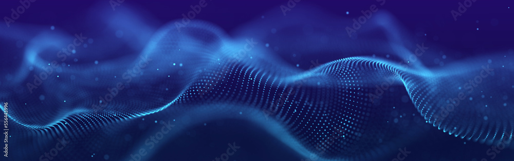 Poster large digital data background. abstract wave with moving dots. 3d rendering